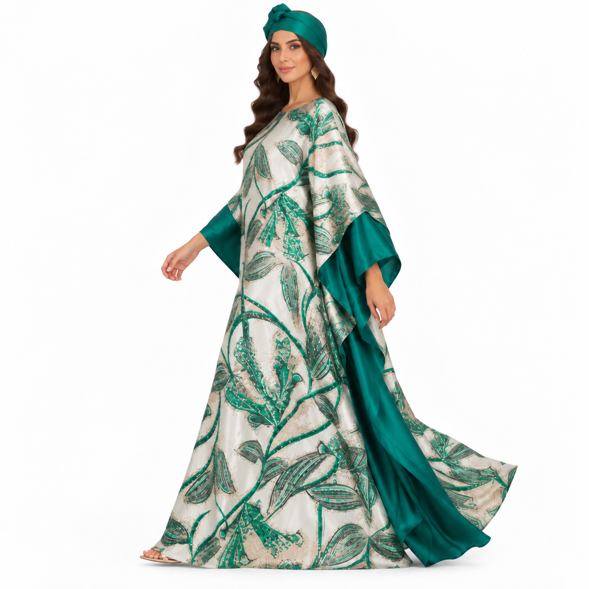 Green Emerald Botanical Satin Baju Kaftan