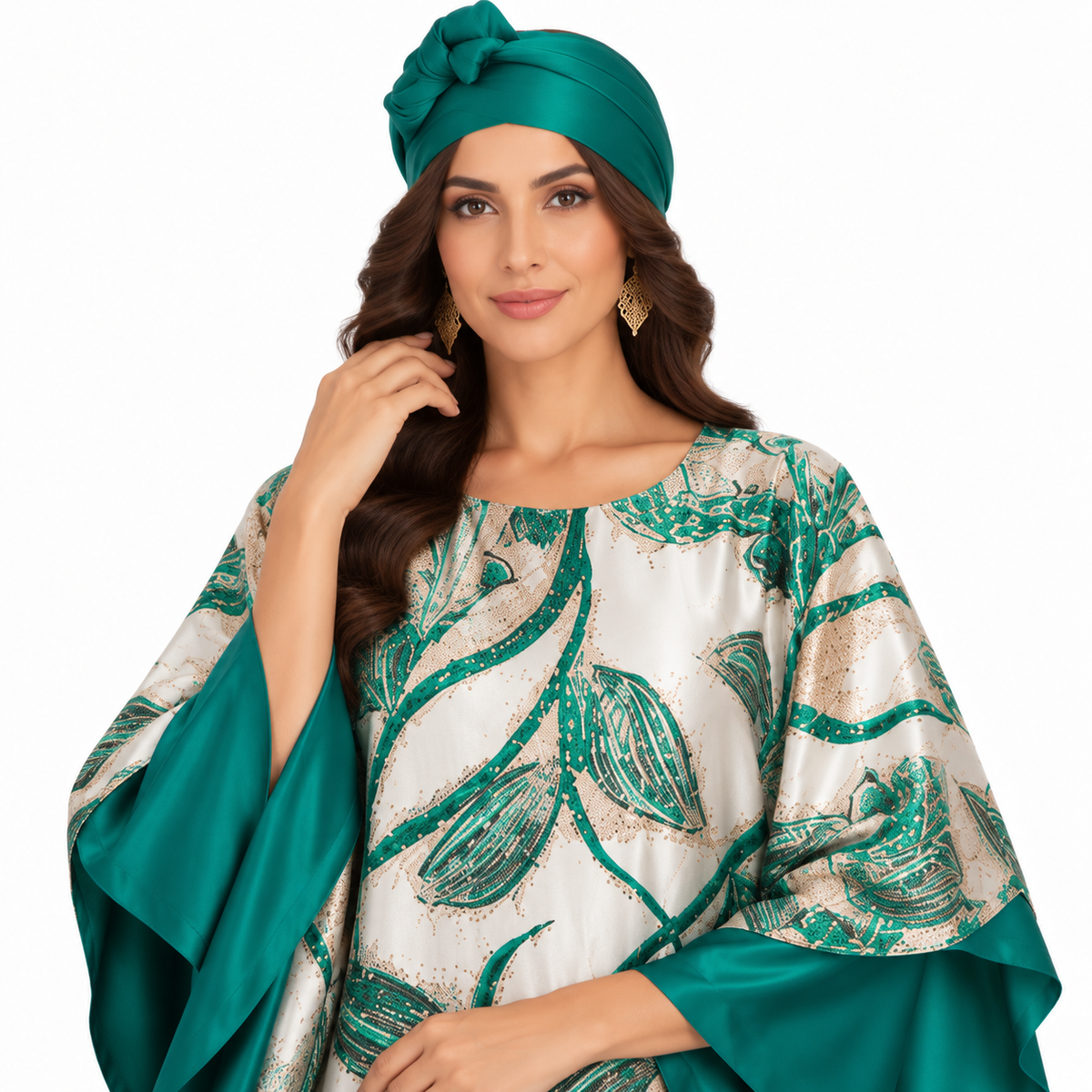 Green Emerald Botanical Satin Baju Kaftan