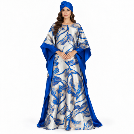 Royal Blue Botanical Satin Baju Kaftan