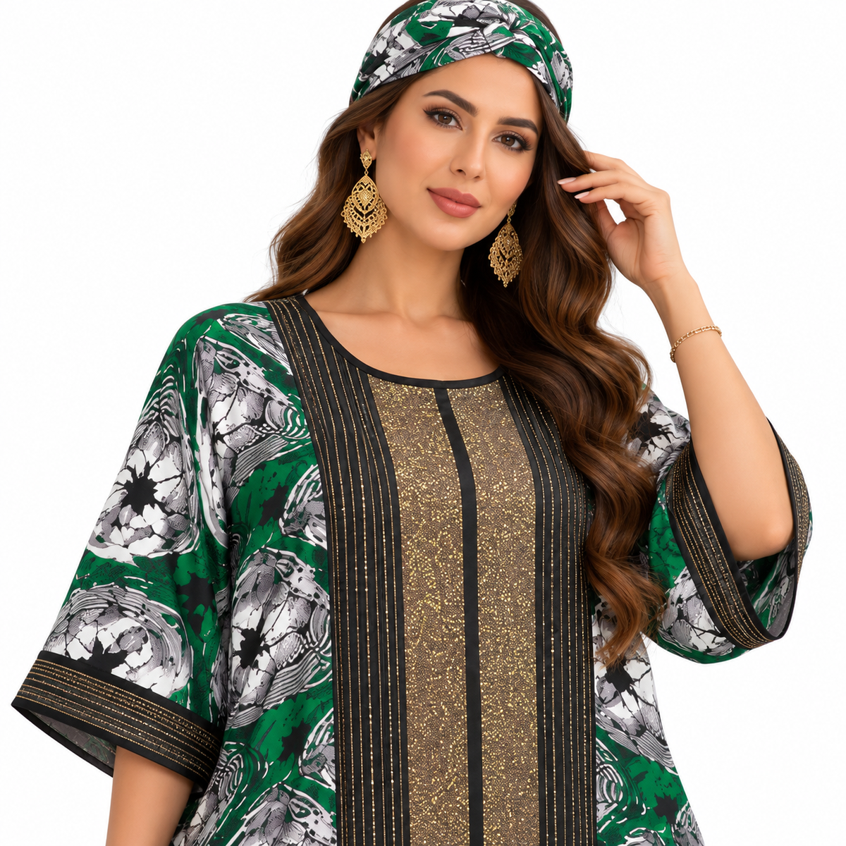 Emerald Gold Printed Luxury Baju Kaftan