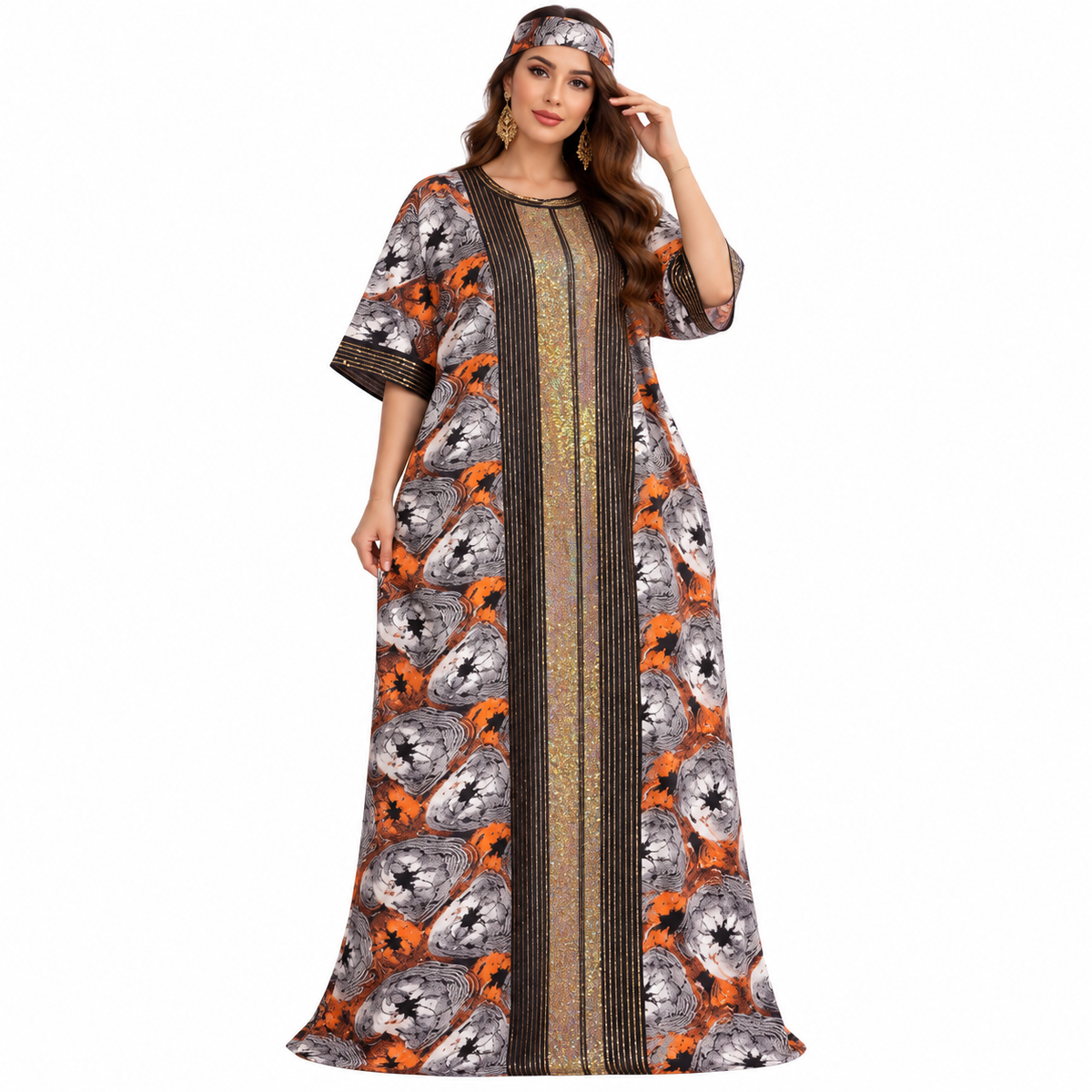 Orange Gold Printed Luxury Baju Kaftan