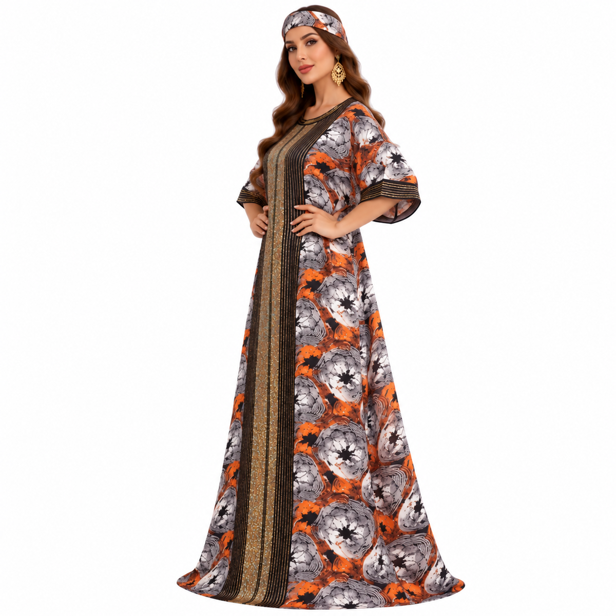 Orange Gold Printed Luxury Baju Kaftan