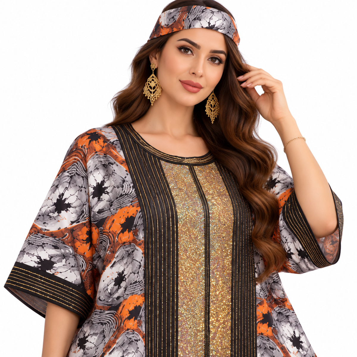 Orange Gold Printed Luxury Baju Kaftan