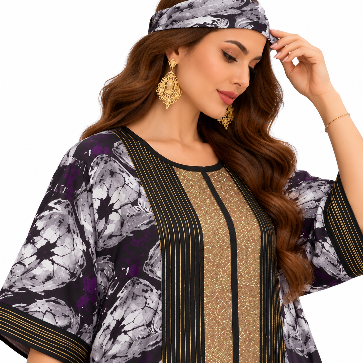 Purple Gold Printed Luxury Baju Kaftan