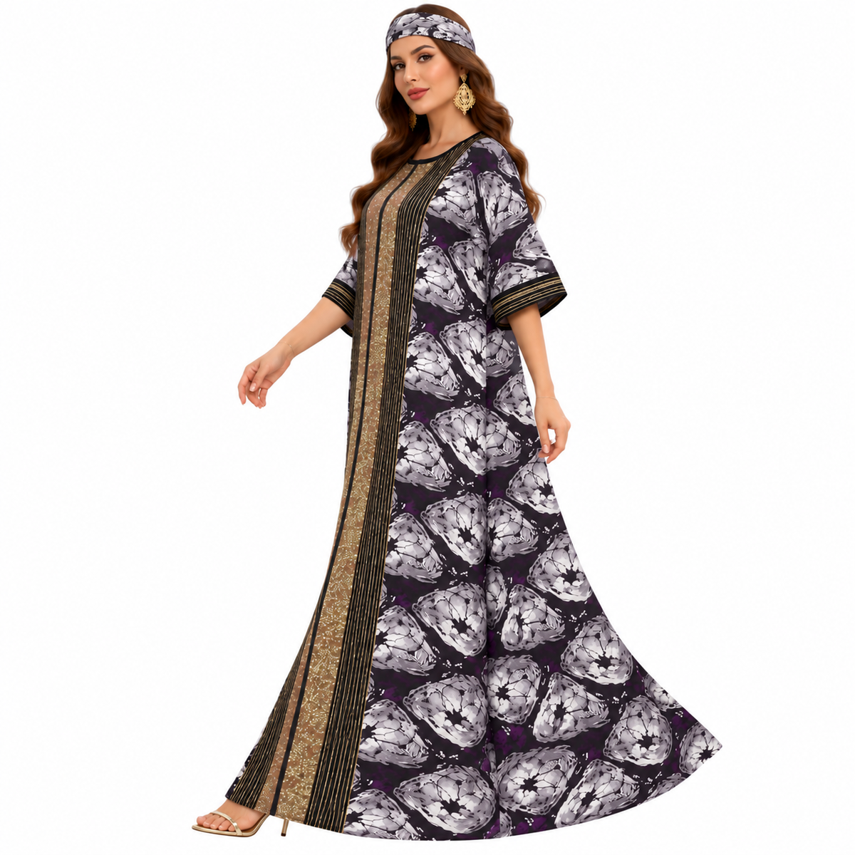 Purple Gold Printed Luxury Baju Kaftan