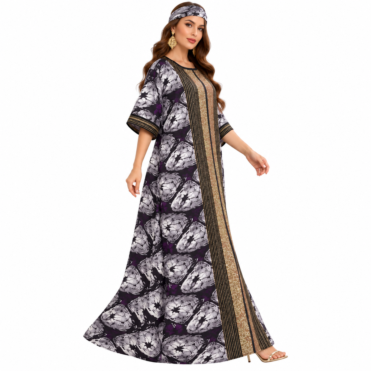 Purple Gold Printed Luxury Baju Kaftan