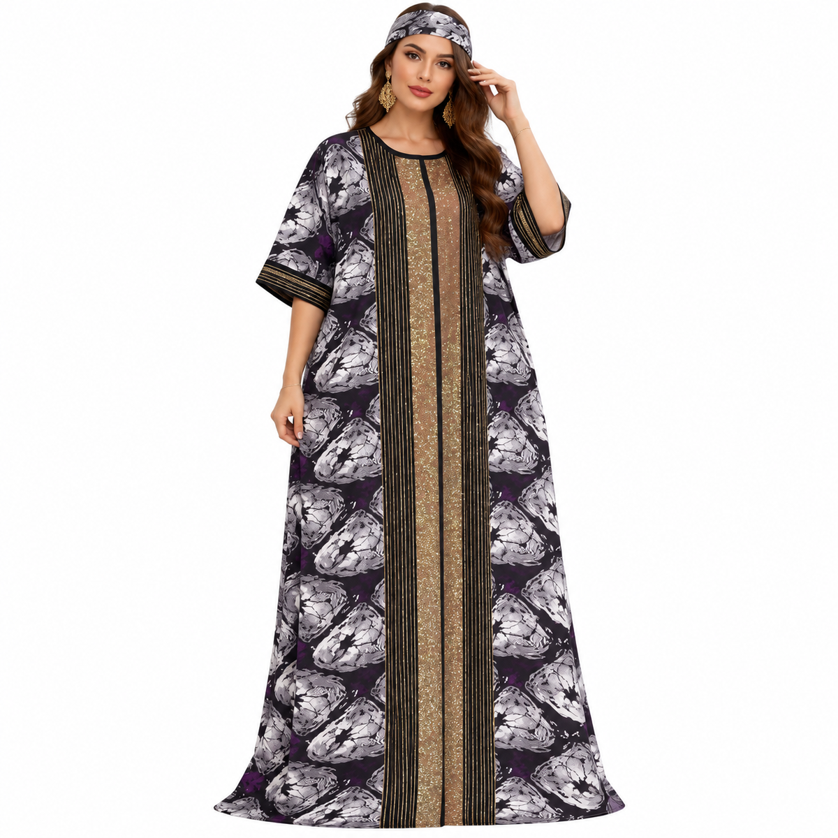 Purple Gold Printed Luxury Baju Kaftan