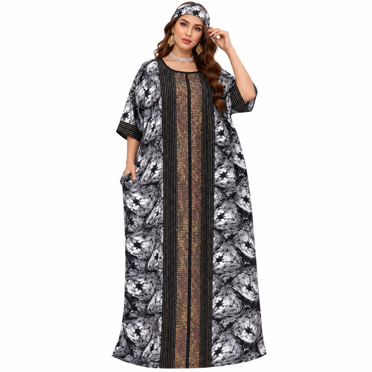 Black Gold Embellished Printed Baju Kaftan