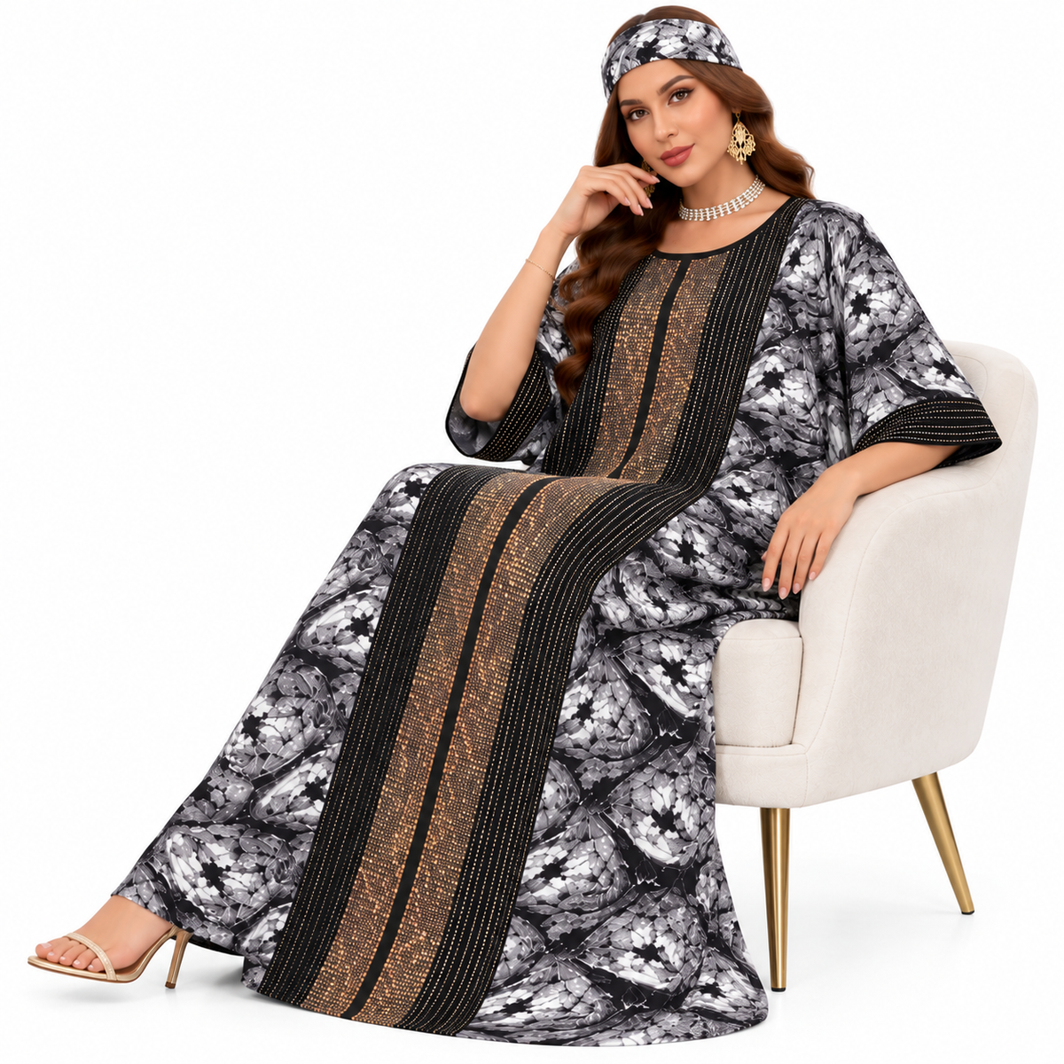 Black Gold Embellished Printed Baju Kaftan