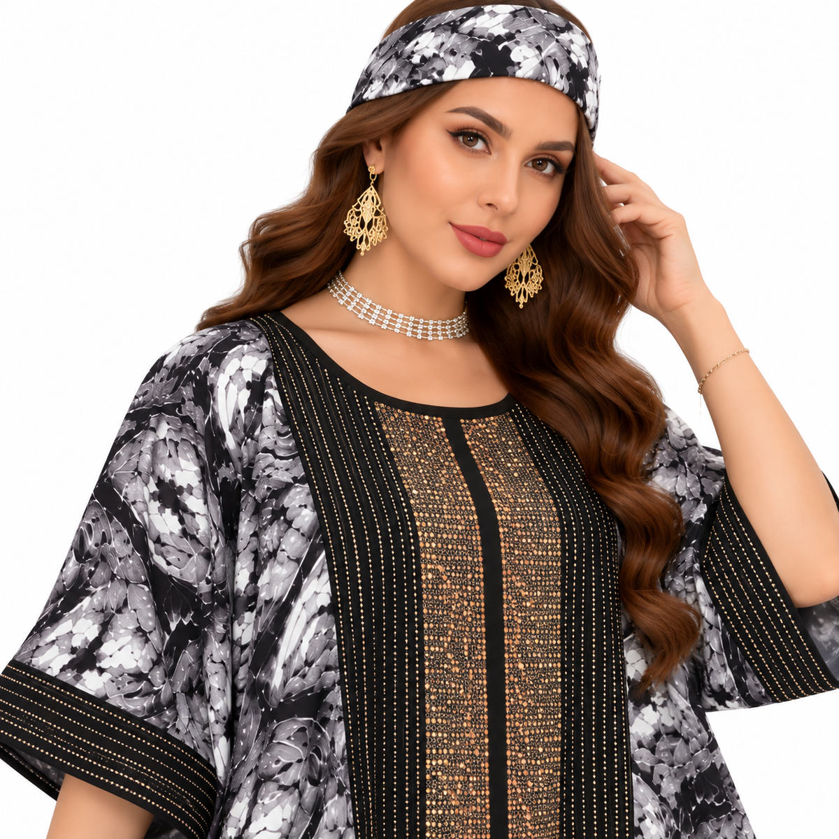 Black Gold Embellished Printed Baju Kaftan