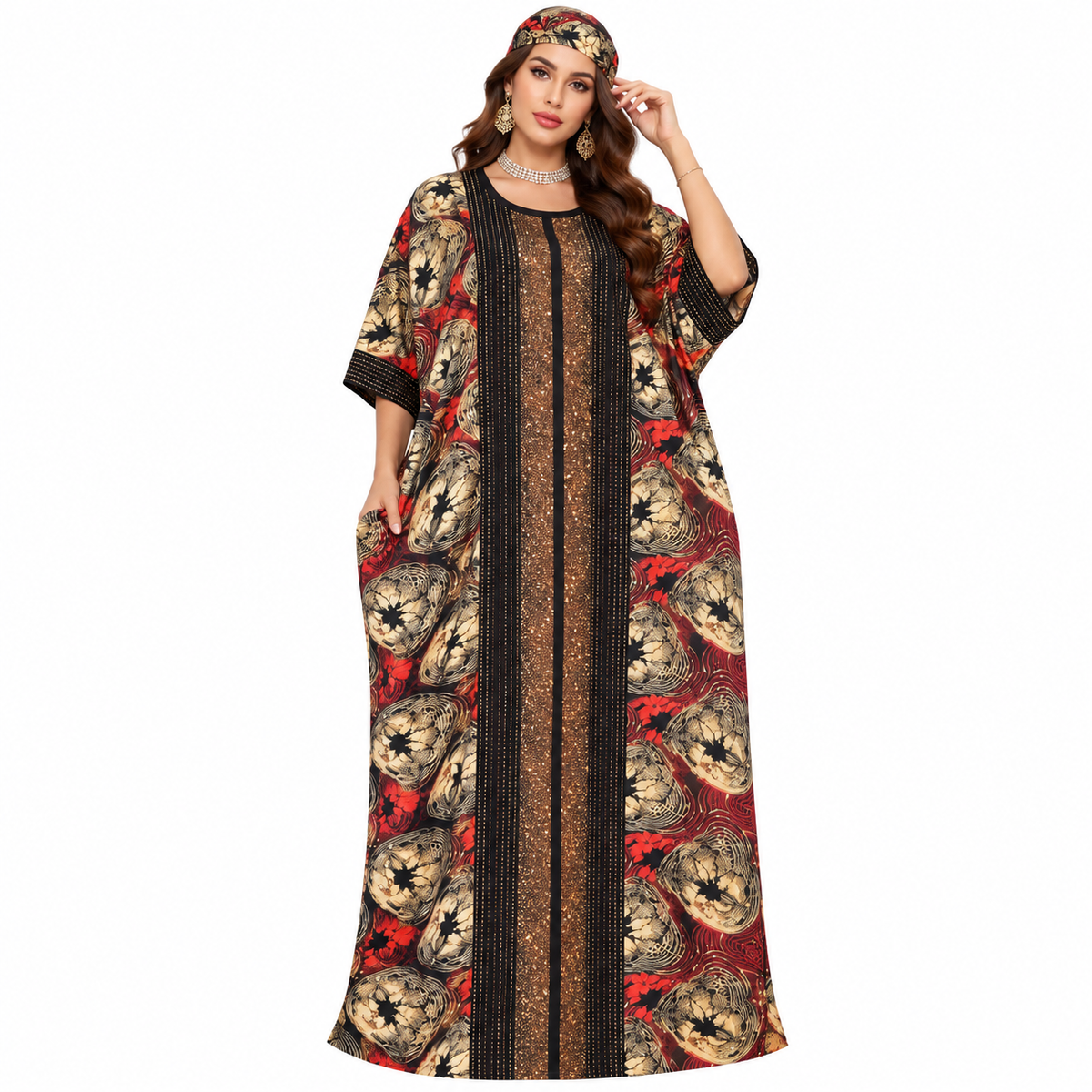 Red Gold Embellished Printed Baju Kaftan
