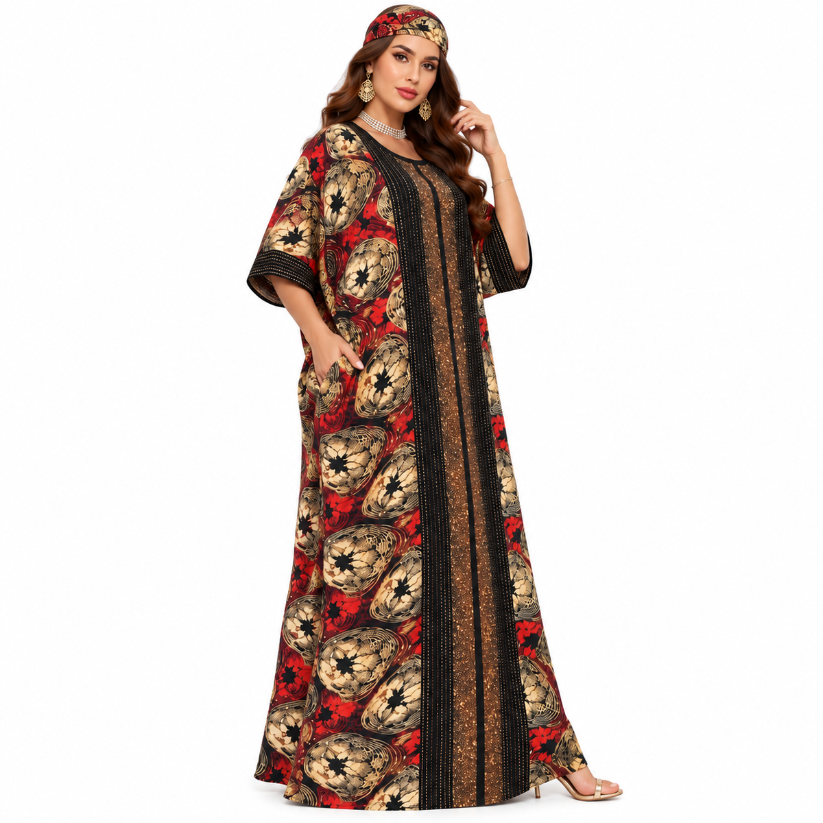 Red Gold Embellished Printed Baju Kaftan