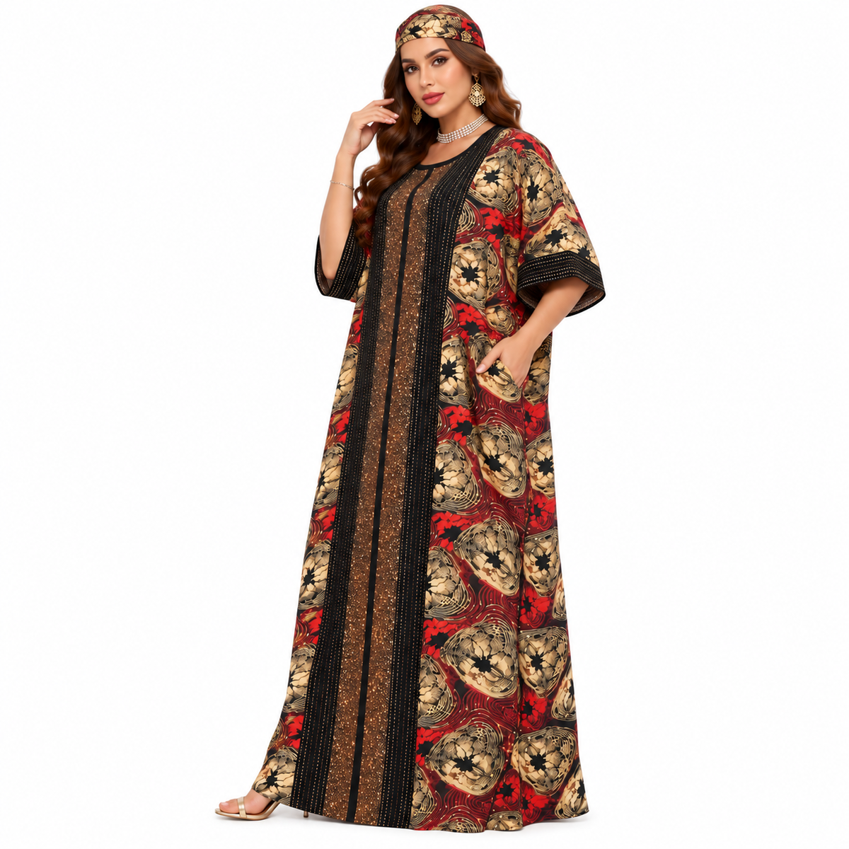 Red Gold Embellished Printed Baju Kaftan