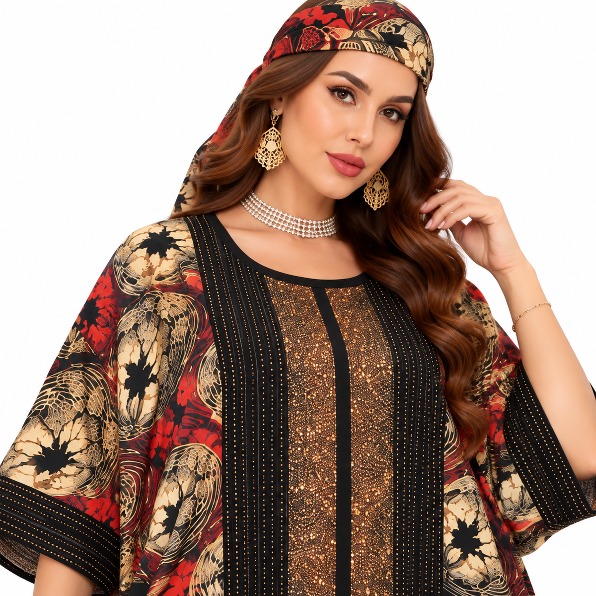 Red Gold Embellished Printed Baju Kaftan