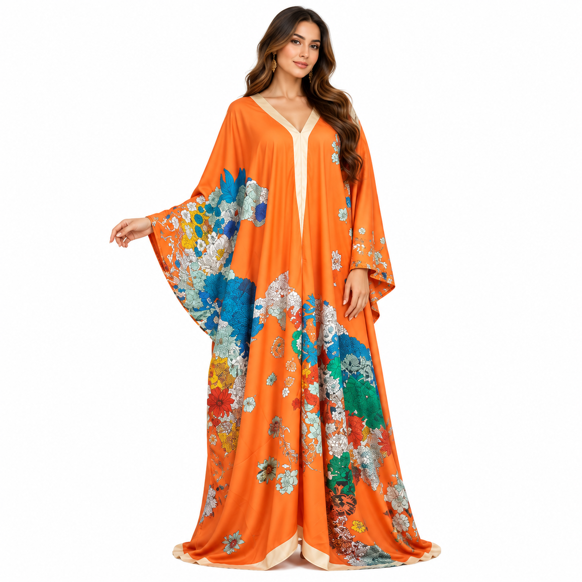 Vibrant Orange Floral Luxury Baju Kaftan