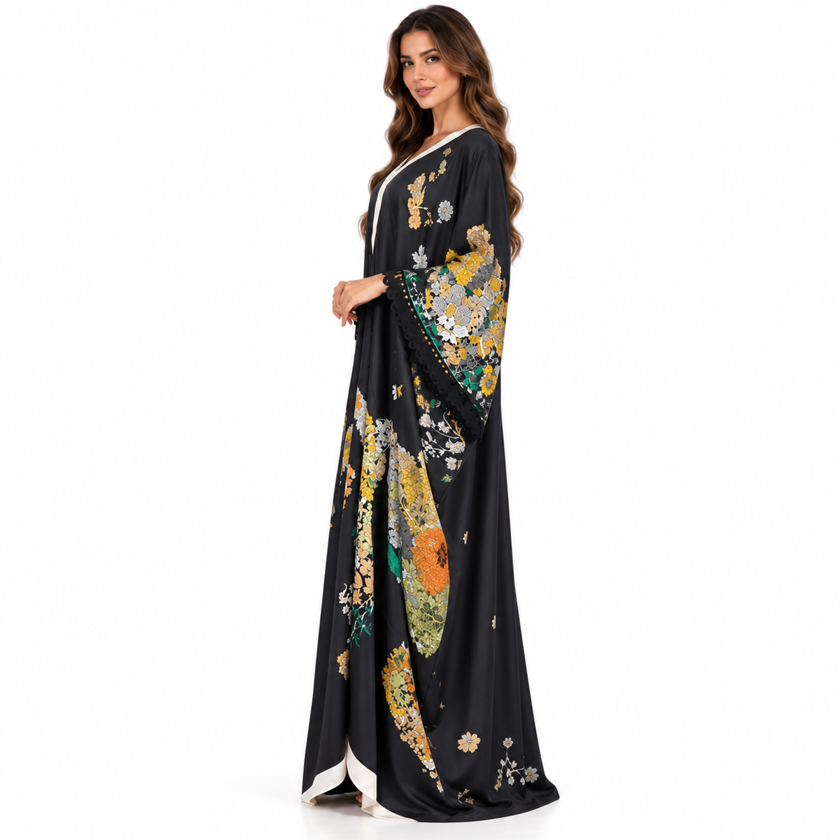 Black Floral Print Luxury Baju Kaftan