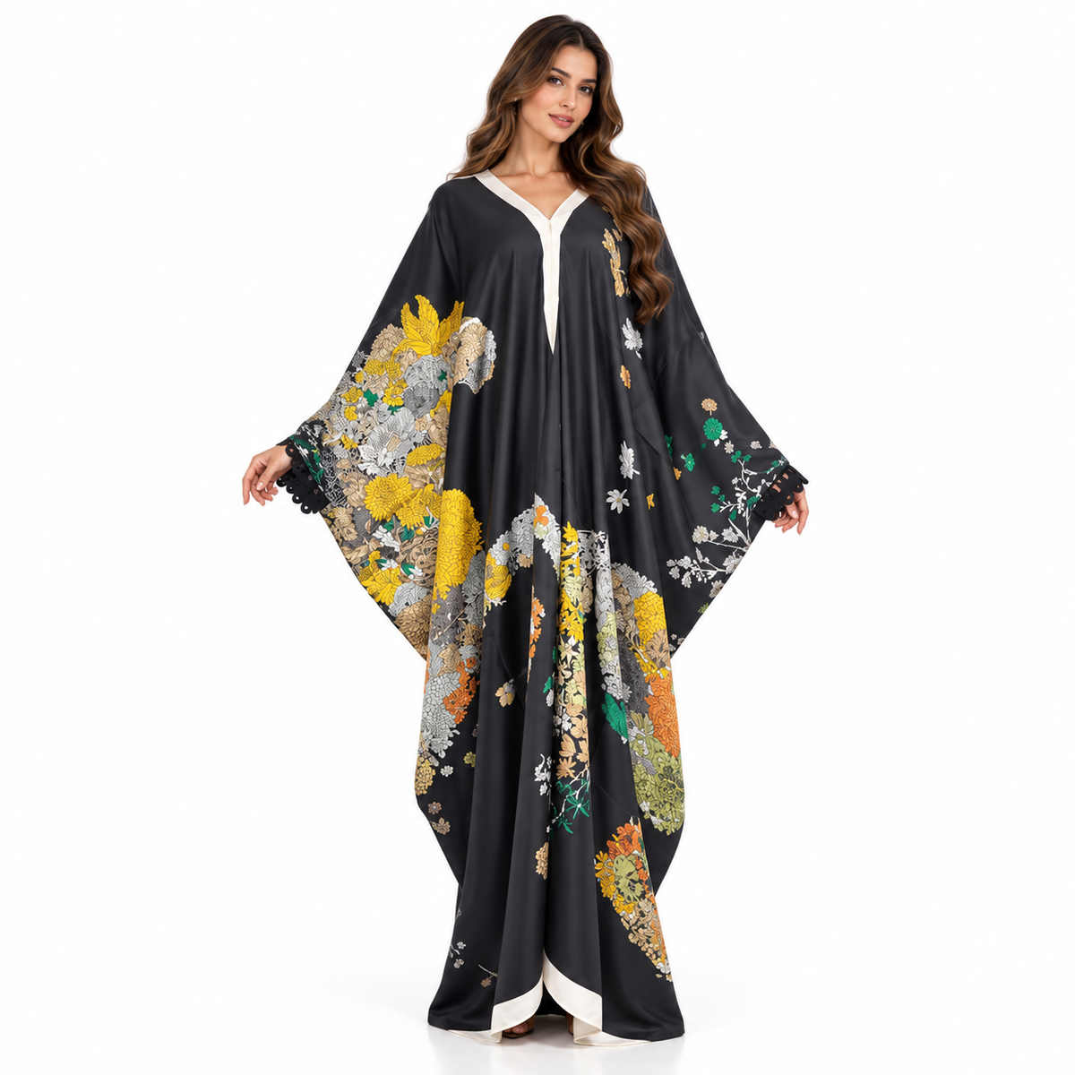 Black Floral Print Luxury Baju Kaftan
