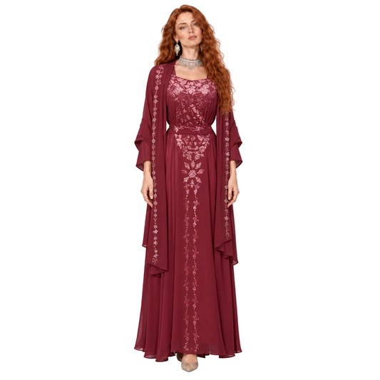 Elegant Burgundy Floral Embroidered Kaftan Lebaran