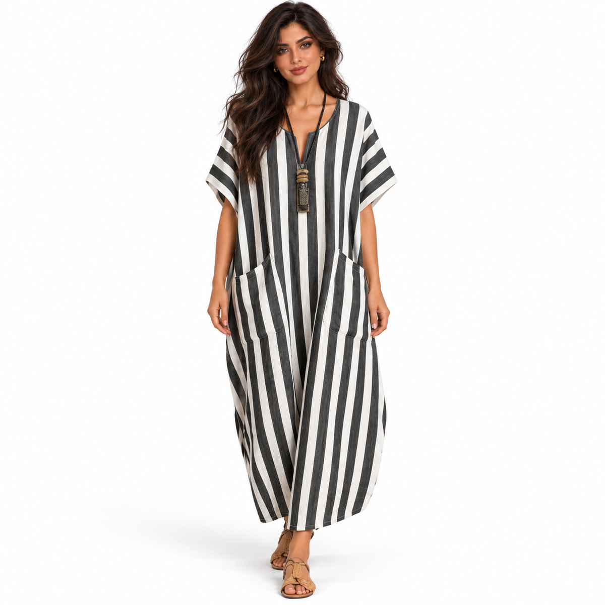 Elegant Black White Striped Linen Kaftan