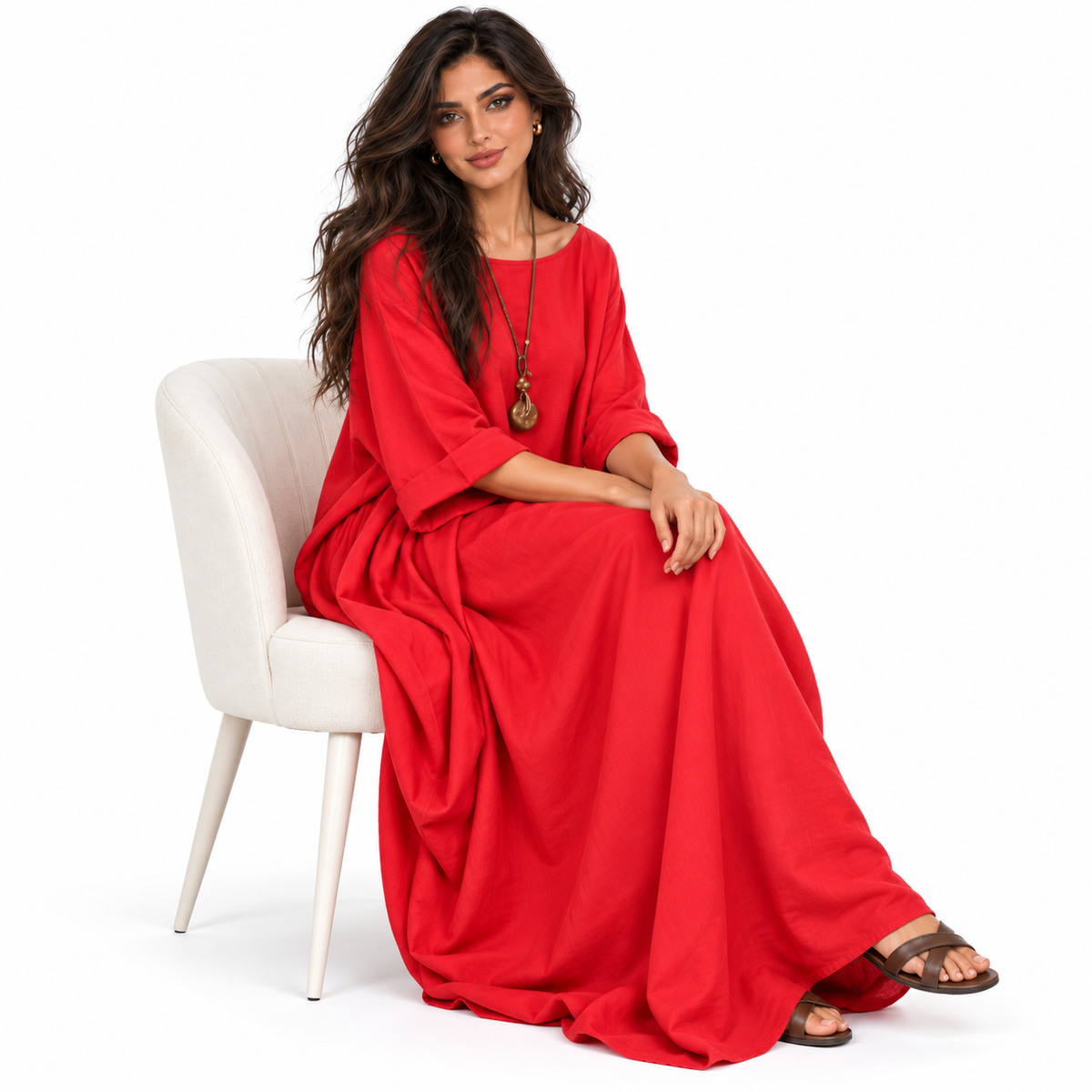 Elegant Red Cotton Linen Kaftan Maxi