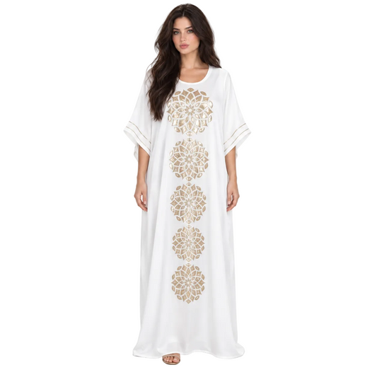 Elegant Gold Floral Embroidered White Kaftan