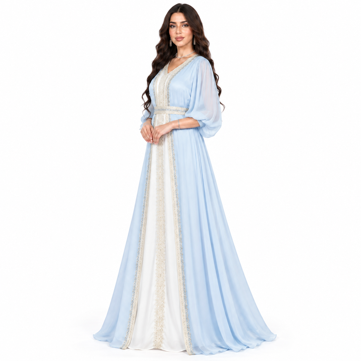 Blue Embroidered Elegant Chiffon Moroccan Kaftan