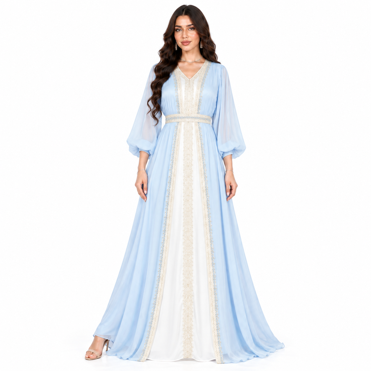 Blue Embroidered Elegant Chiffon Moroccan Kaftan