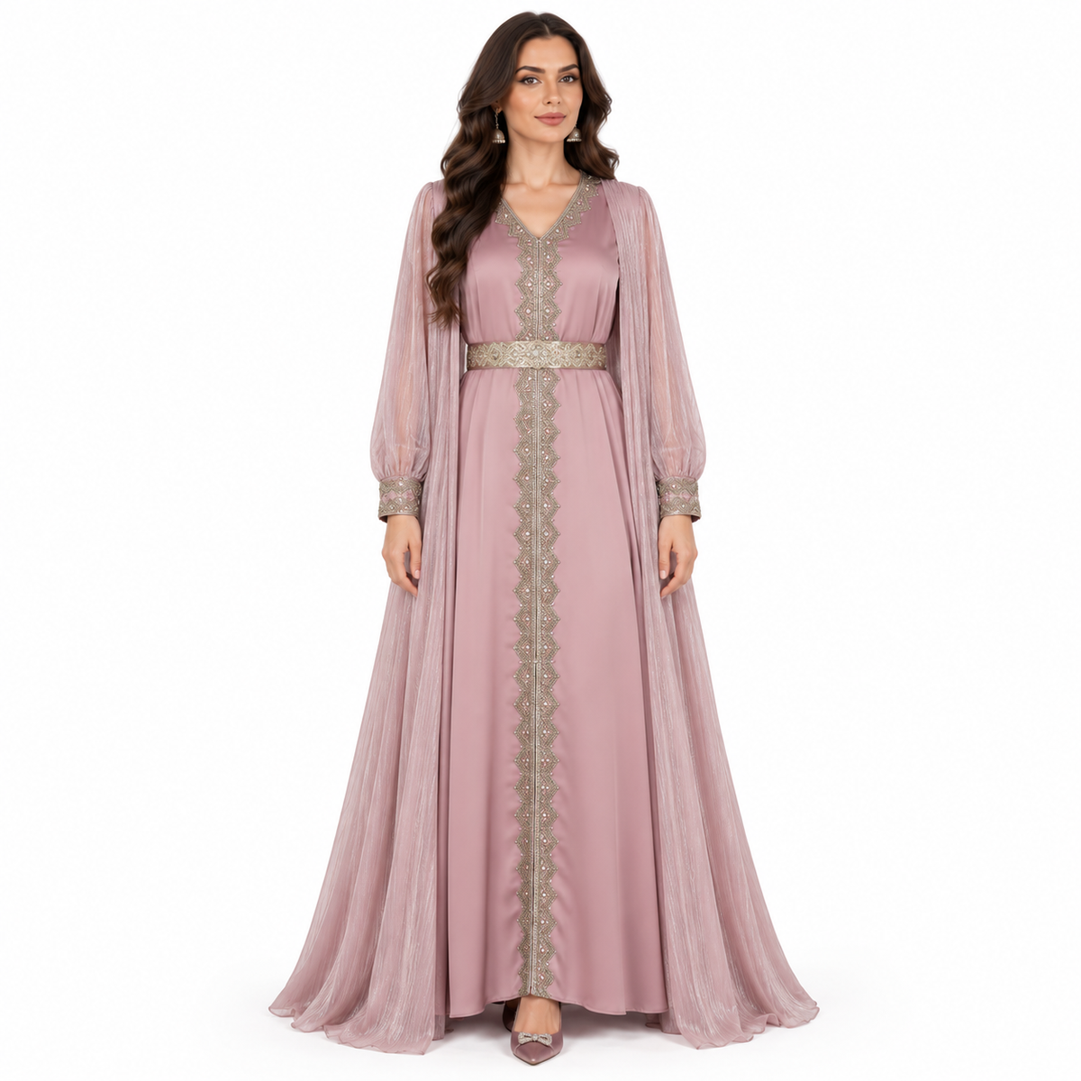 Pink Embellished Layered Modern Baju Kaftan