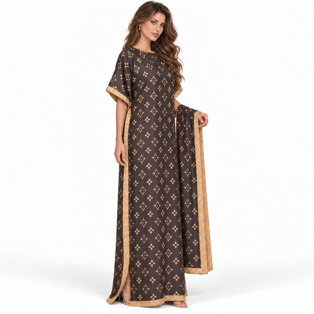 Brown Gold Print Stole Elegant Kaftan
