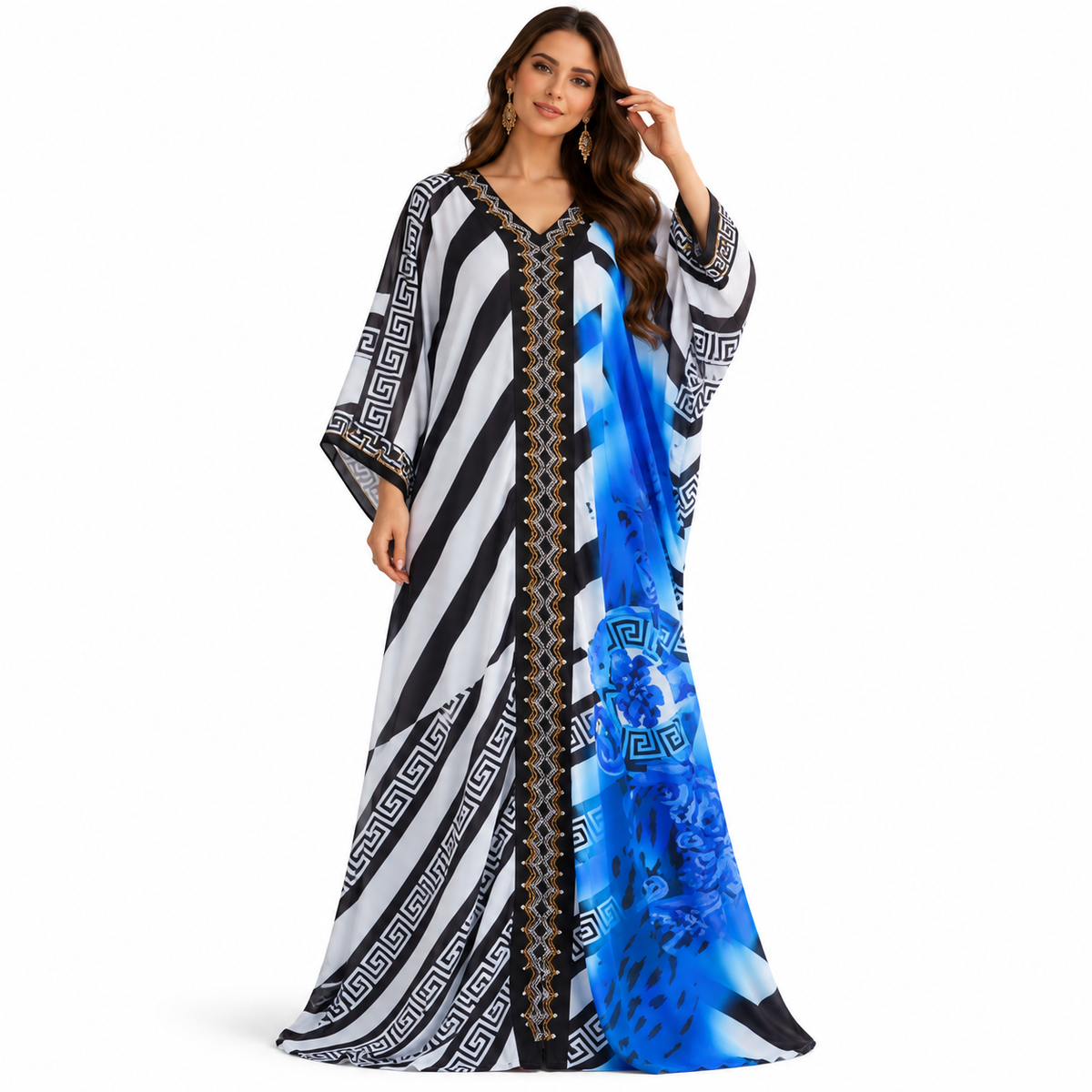 Navy Blue Geometric Floral Baju Kaftan