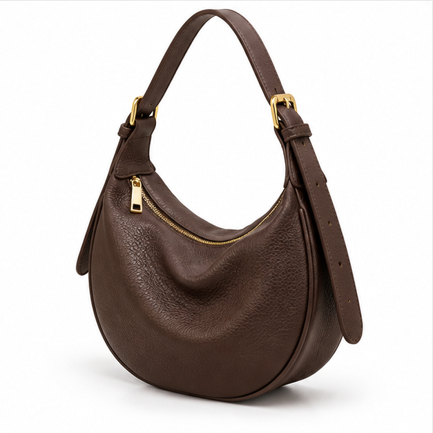 Coffee Brown Crescent Leather Shoulder Bag