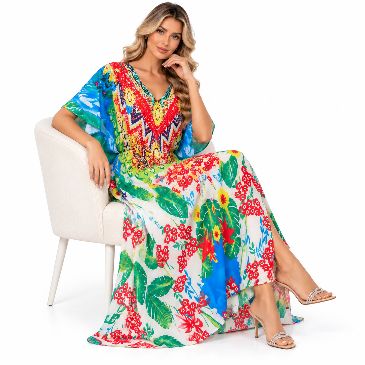 Vibrant Tropical Floral Printed Modern Kaftan