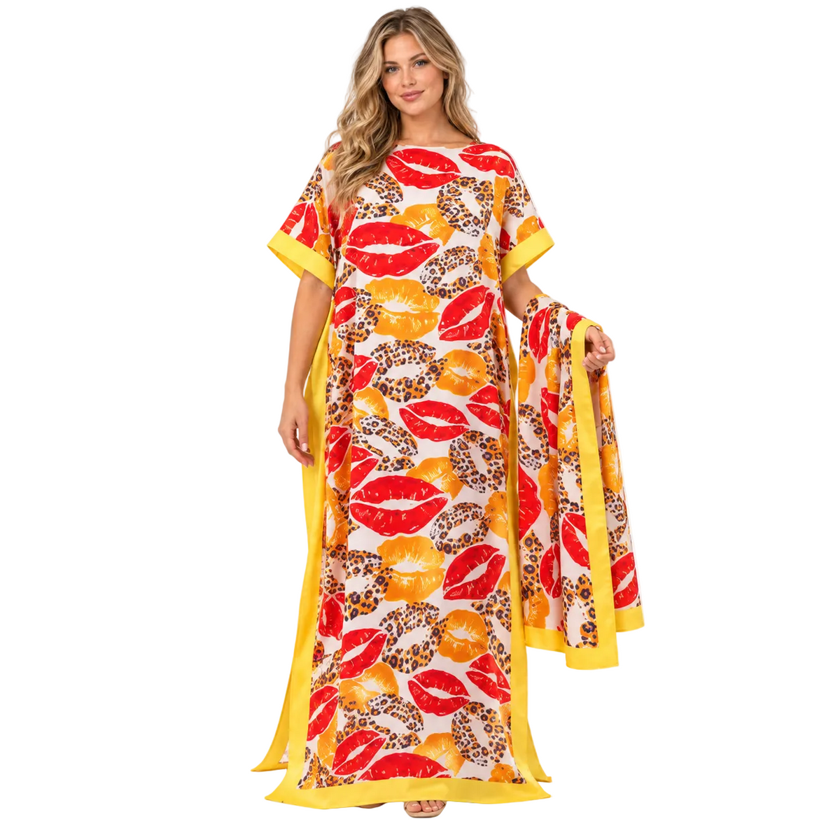Yellow Leopard Print Silk Satin Kaftan