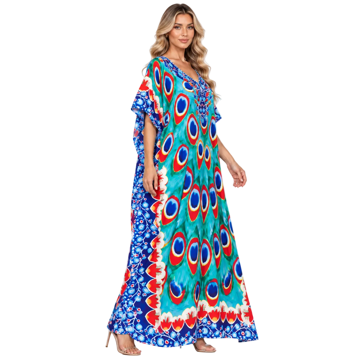 Turquoise Peacock Print Elegant Modern Kaftan