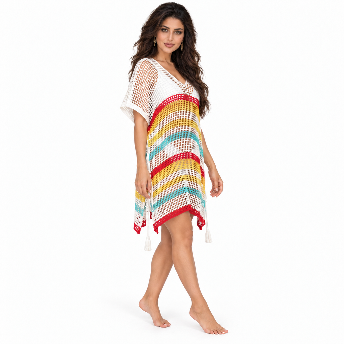 White Multicolor Crochet Stripe Beach Kaftan