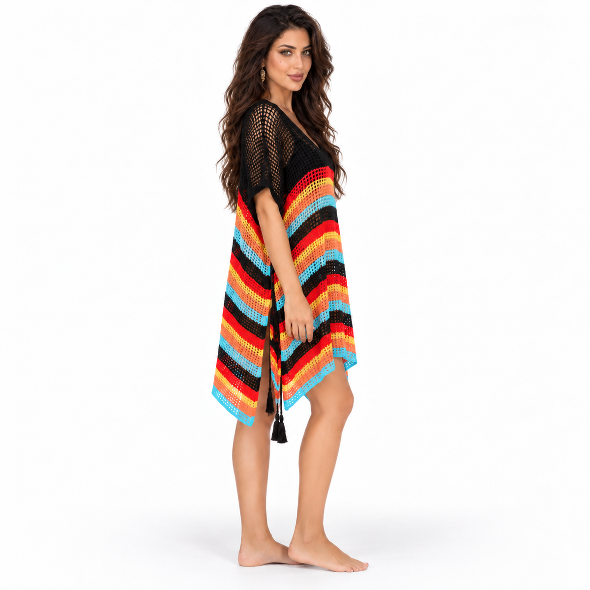 Black Multicolor Crochet Stripe Beach Kaftan
