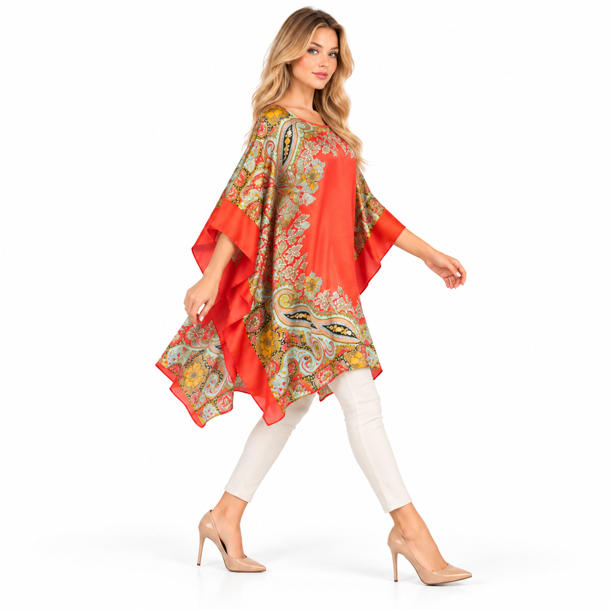 Elegant Coral Paisley Print Kaftan Top