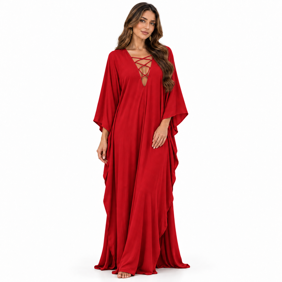Red Lace-Up Flowing Baju Kaftan