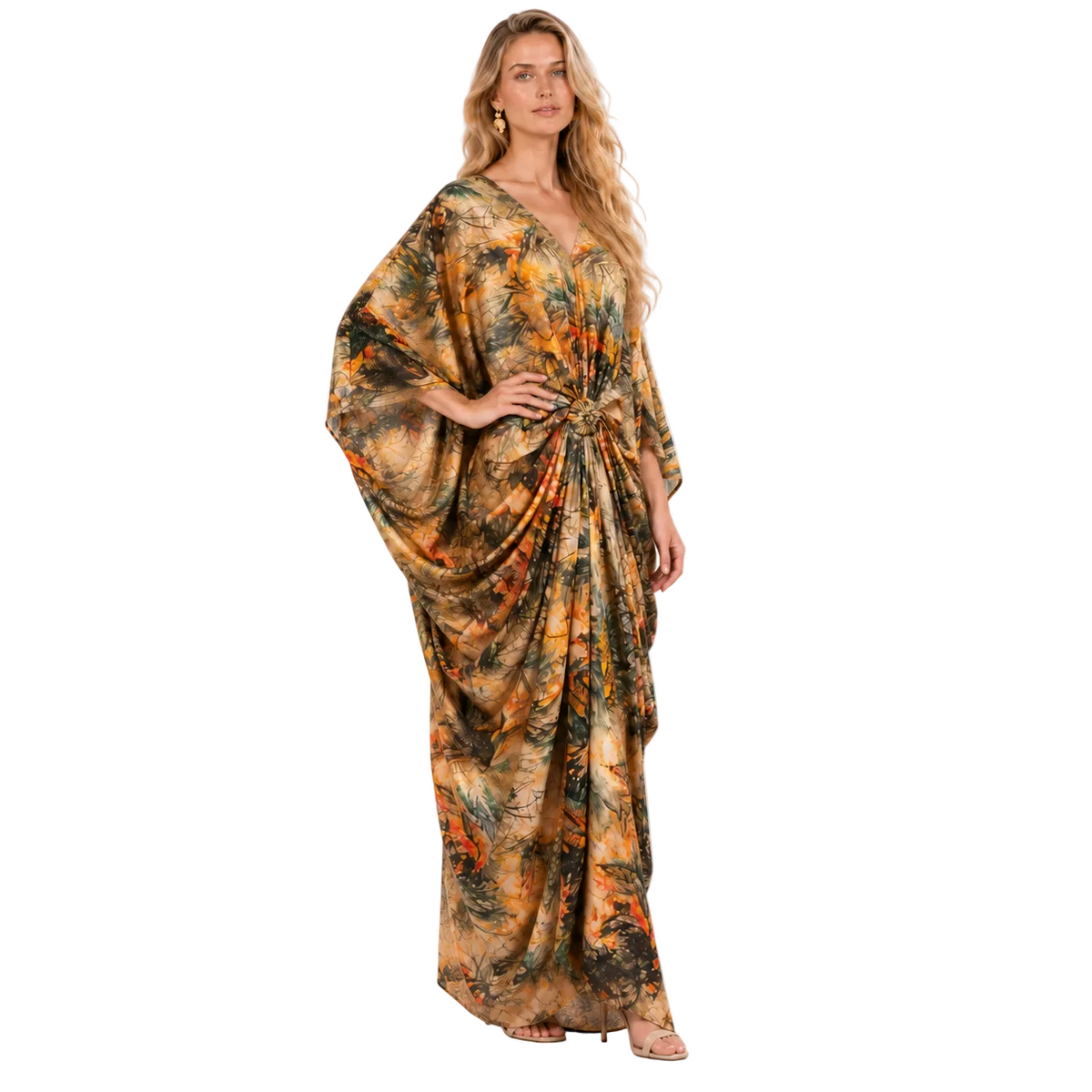 Elegant Cream Botanical Printed Gamis Kaftan