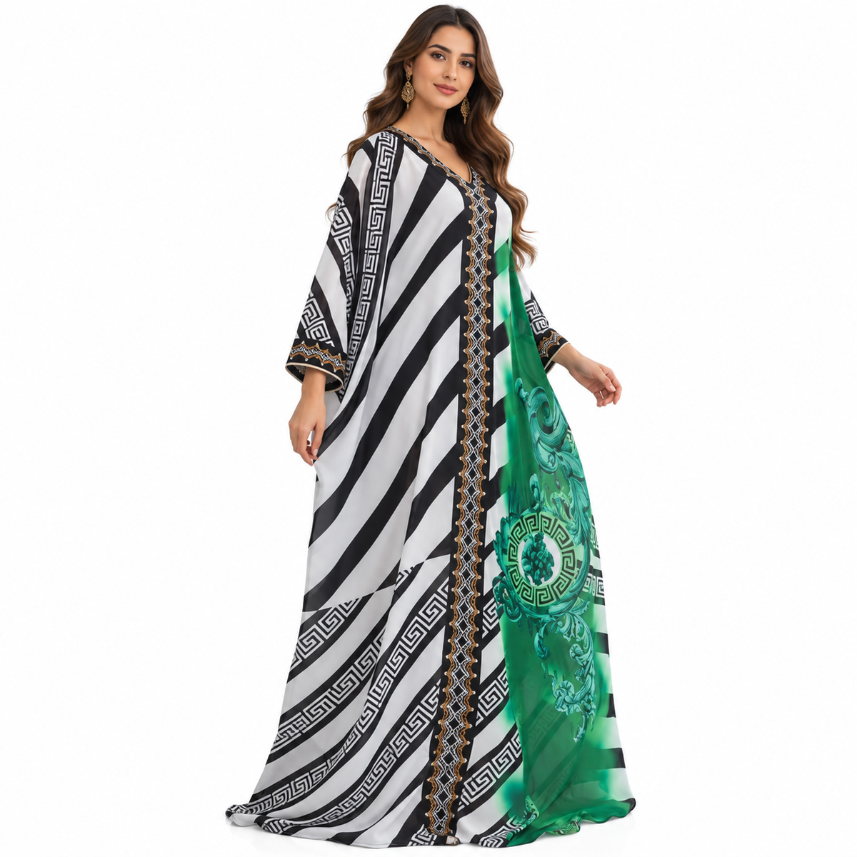 Emerald Geometric Printed Flowing Baju Kaftan