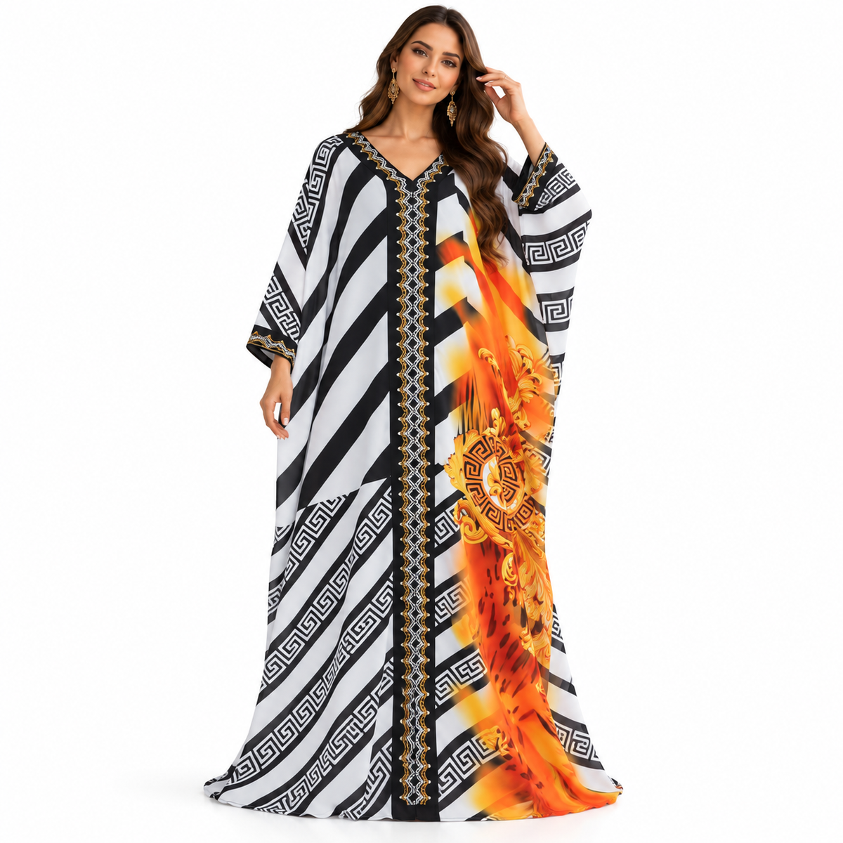 Orange Baroque Geometric Flowing Baju Kaftan