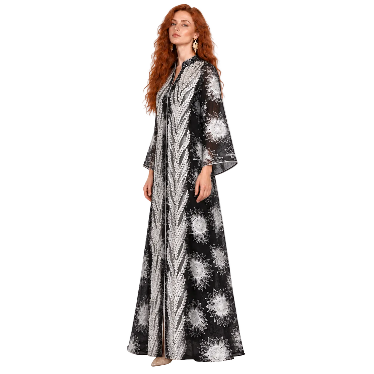 Black White Floral Satin Lebaran Kaftan