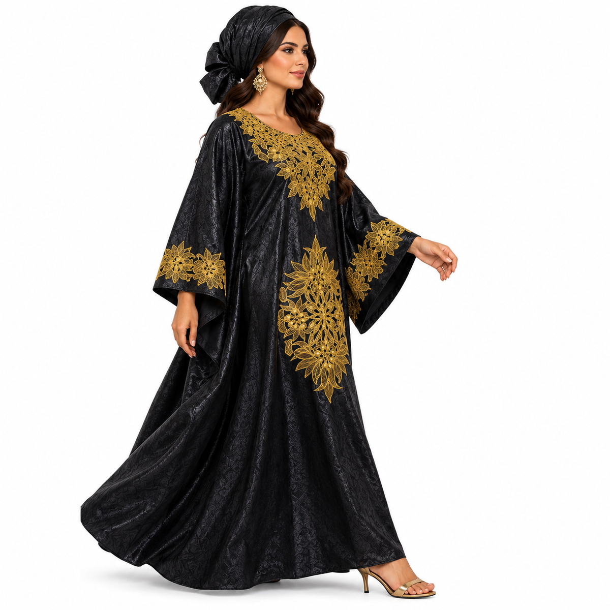 Black Gold Floral Embroidered Baju Kaftan