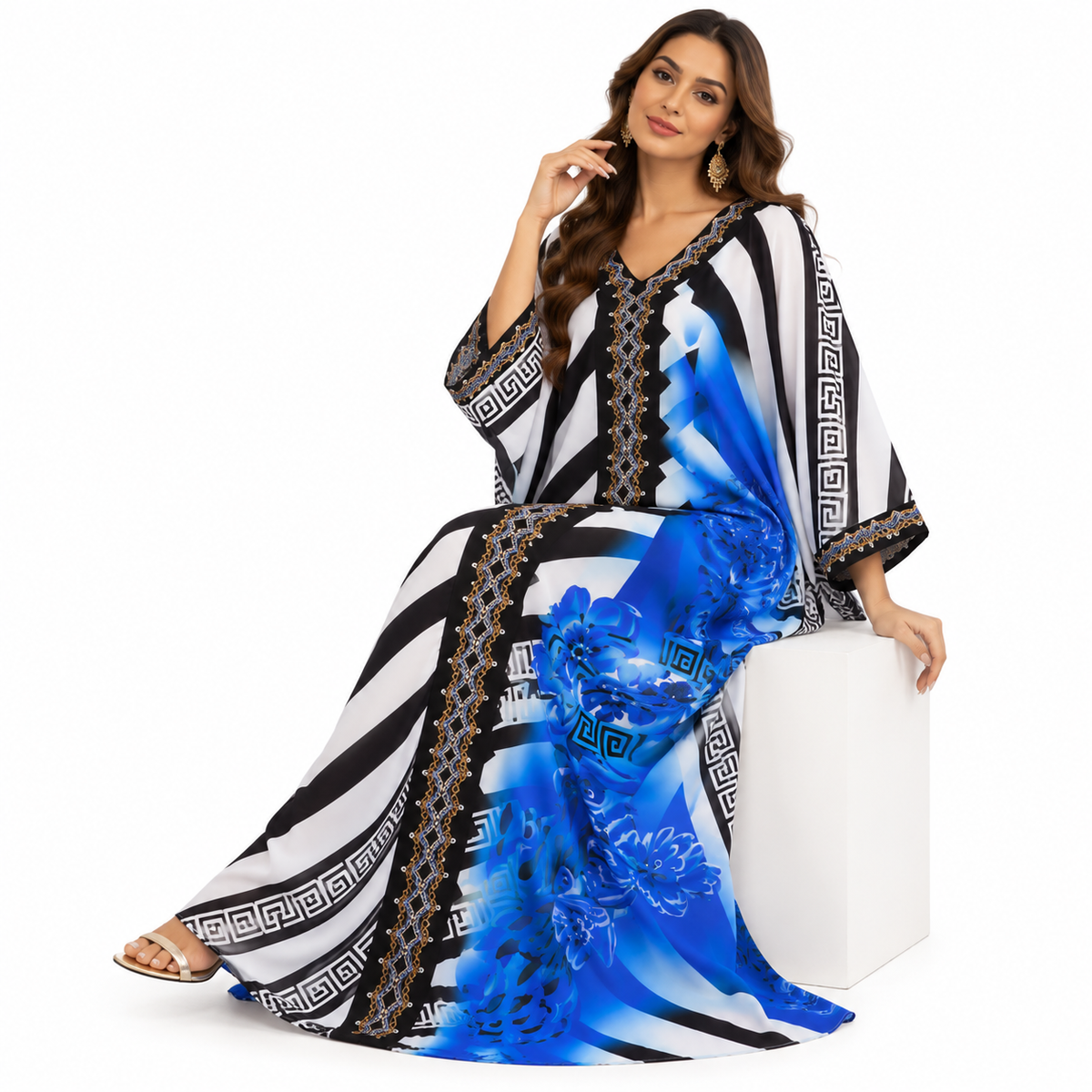 Navy Blue Geometric Floral Baju Kaftan