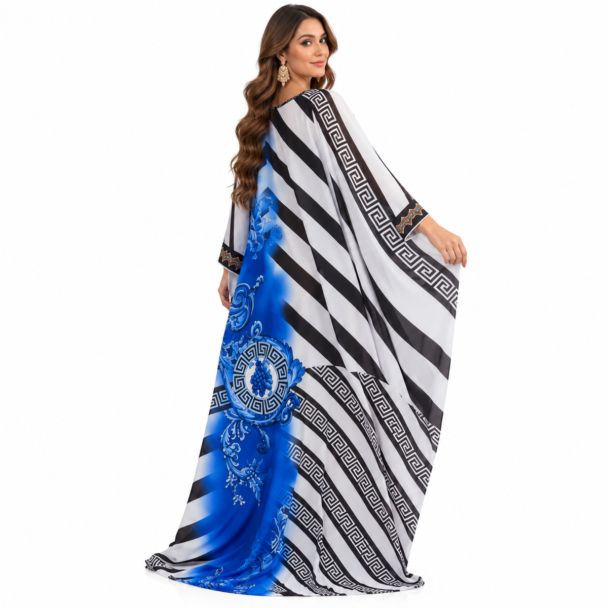 Navy Blue Geometric Floral Baju Kaftan