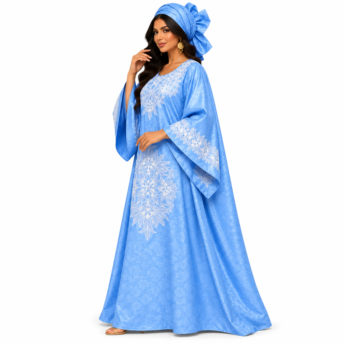Sky Blue White Embroidered Baju Kaftan