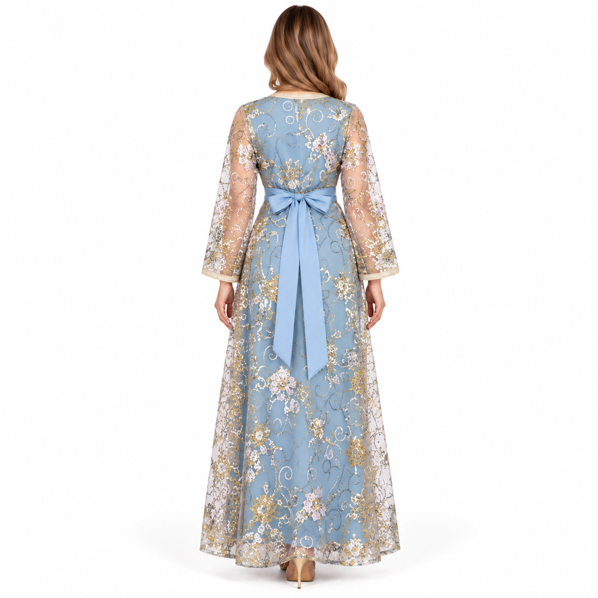Elegant Blue Sequin Embroidered Kaftan Dress