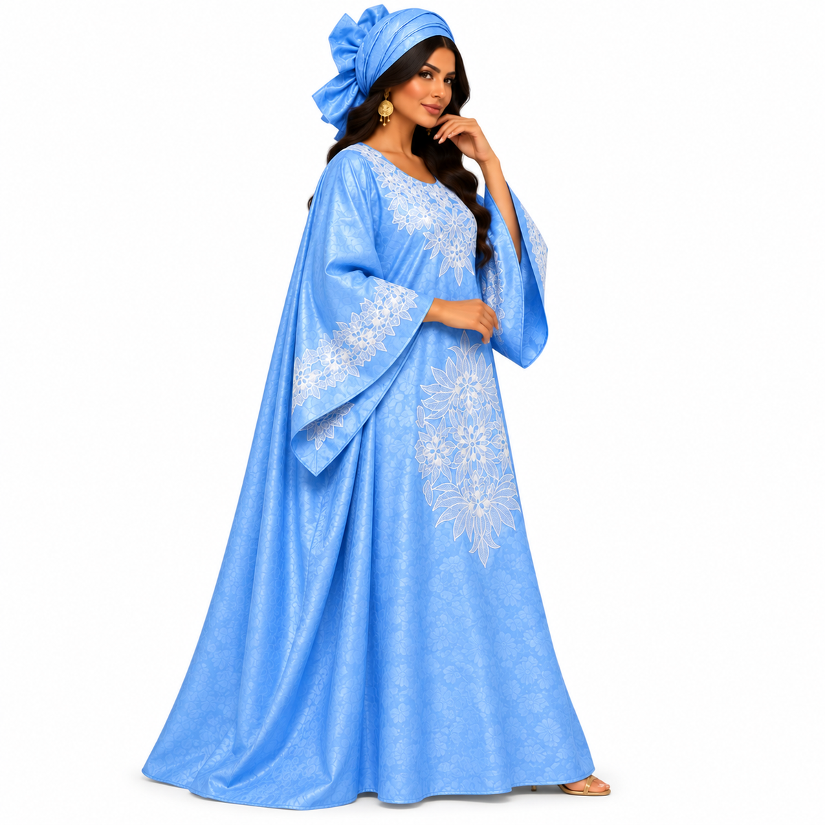 Sky Blue White Embroidered Baju Kaftan
