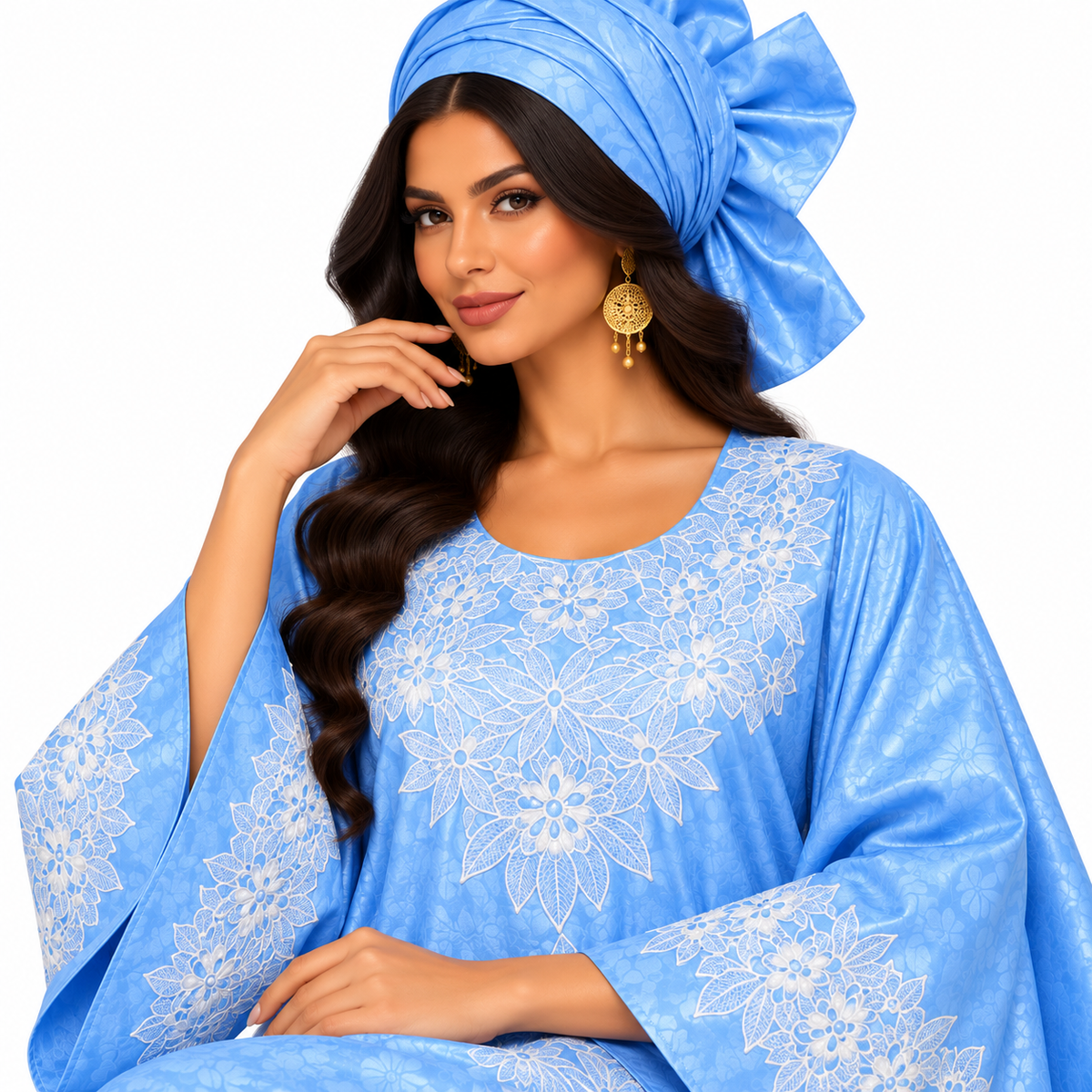 Sky Blue White Embroidered Baju Kaftan