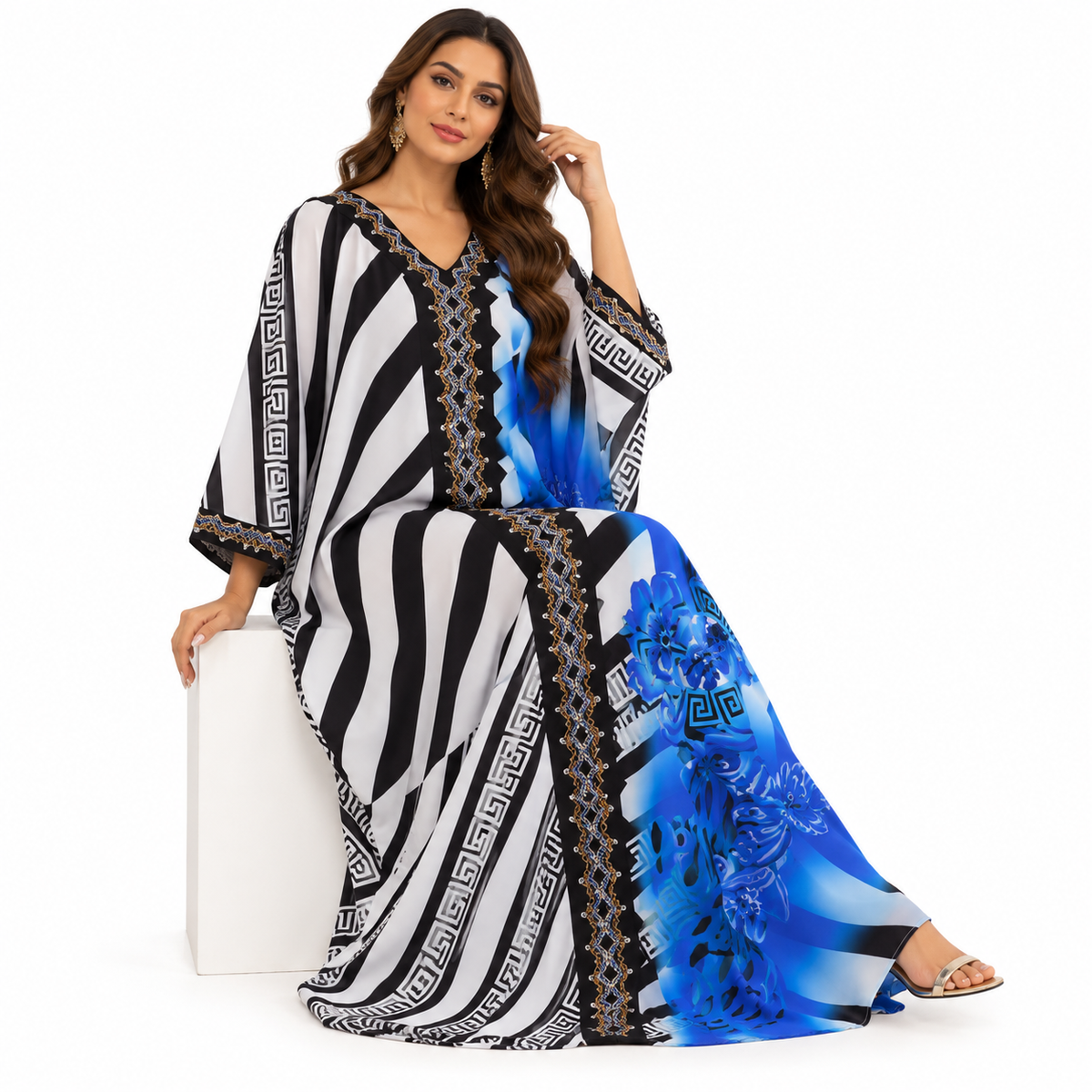 Navy Blue Geometric Floral Baju Kaftan
